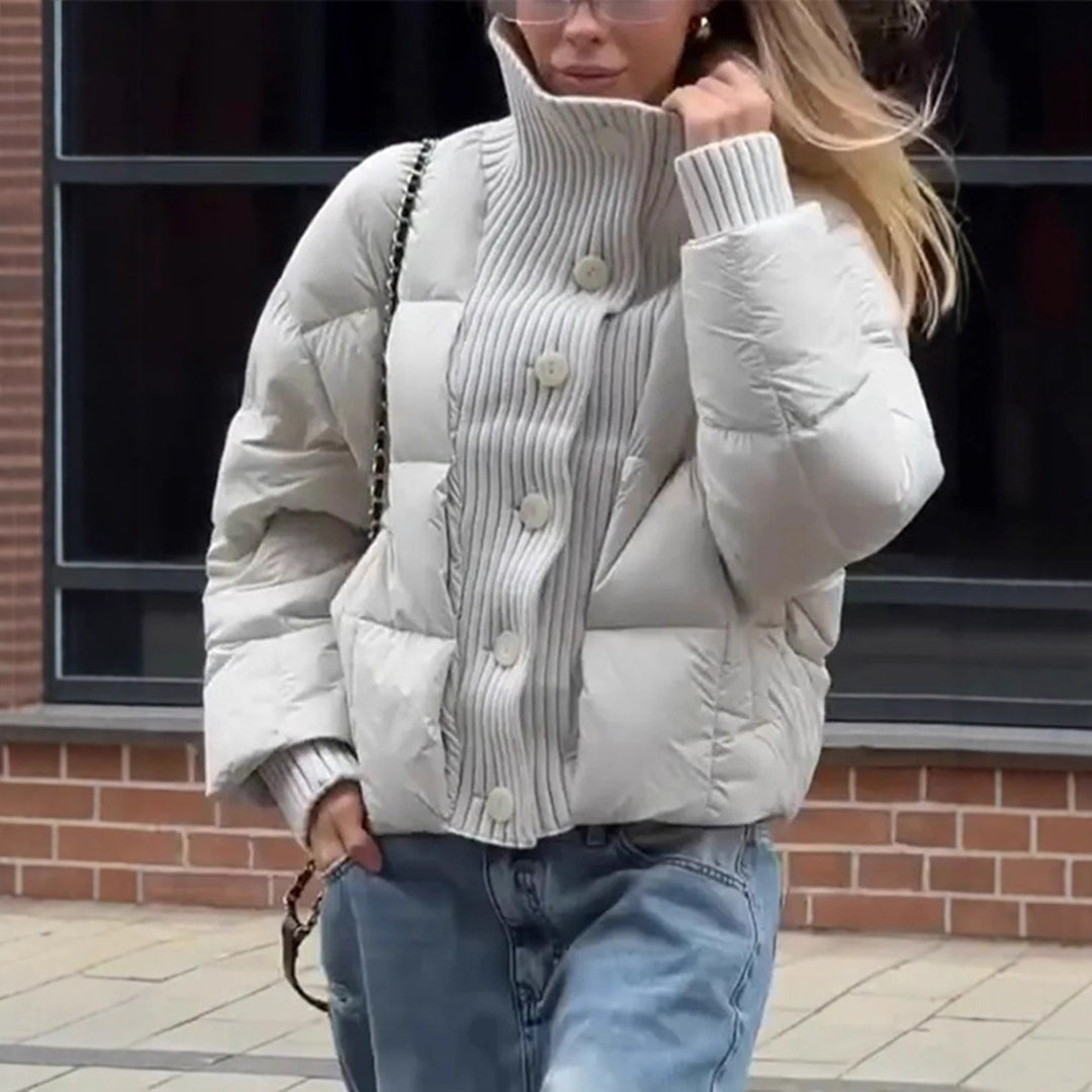 Damen gesteppte Jacke mit voluminösem Kragen und praktischen Knopfdetails Drune