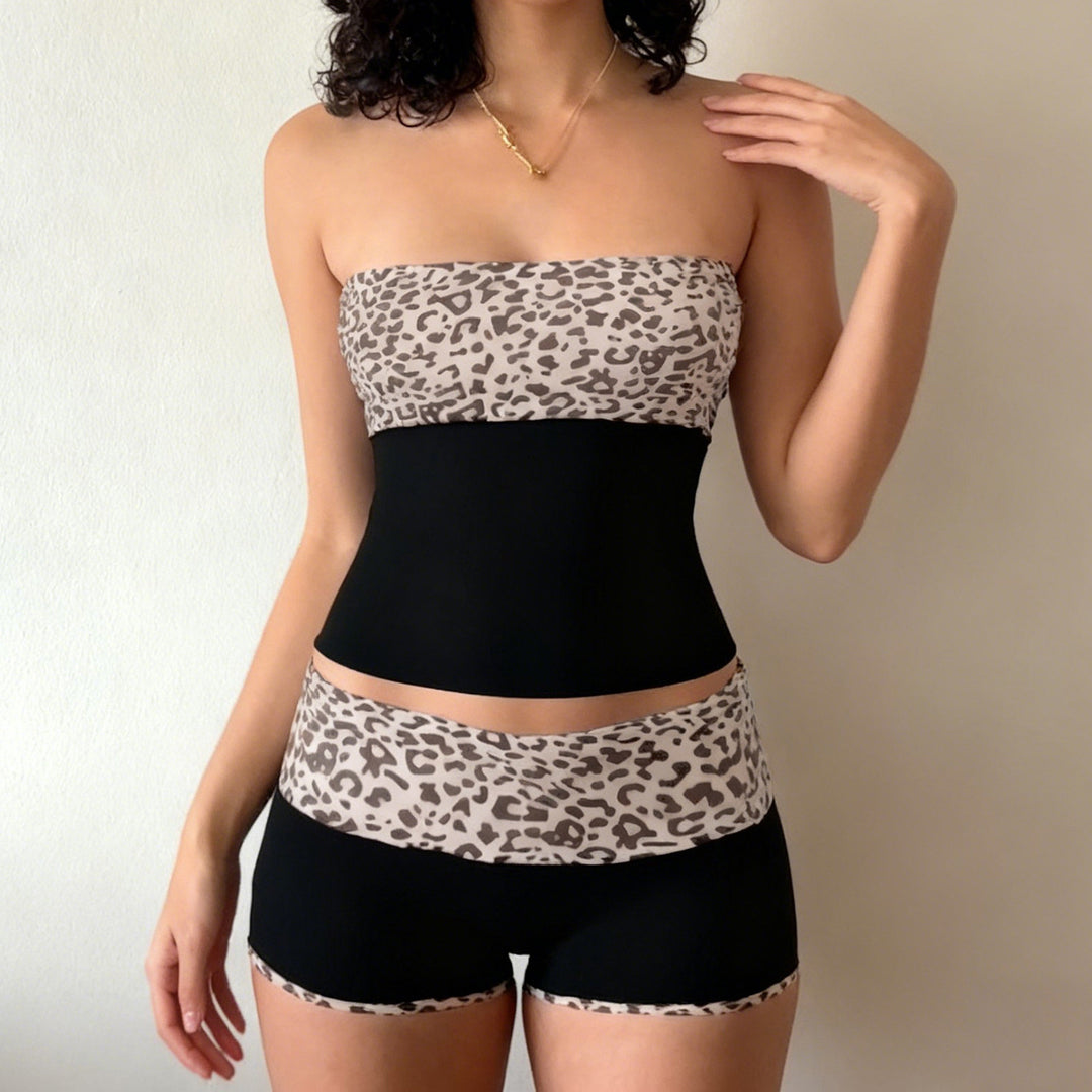 Damen Sportliches Crop-Top und Shorts-Set im modernen Leopardenmuster Drune