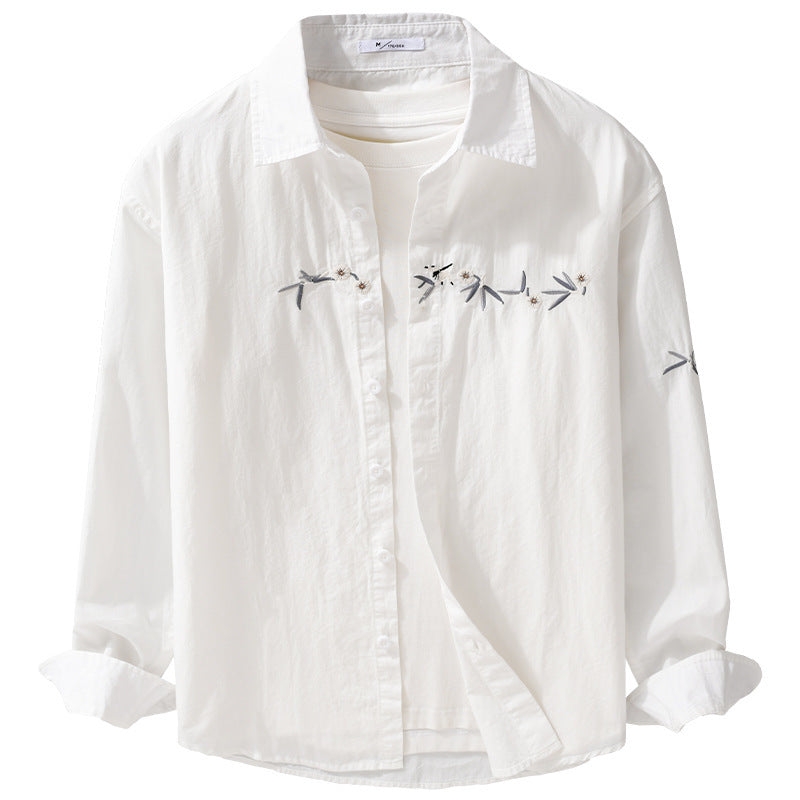 Damen Lockeres besticktes Baumwoll-Overshirt mit Kentkragen und Layering‑Detail Drune