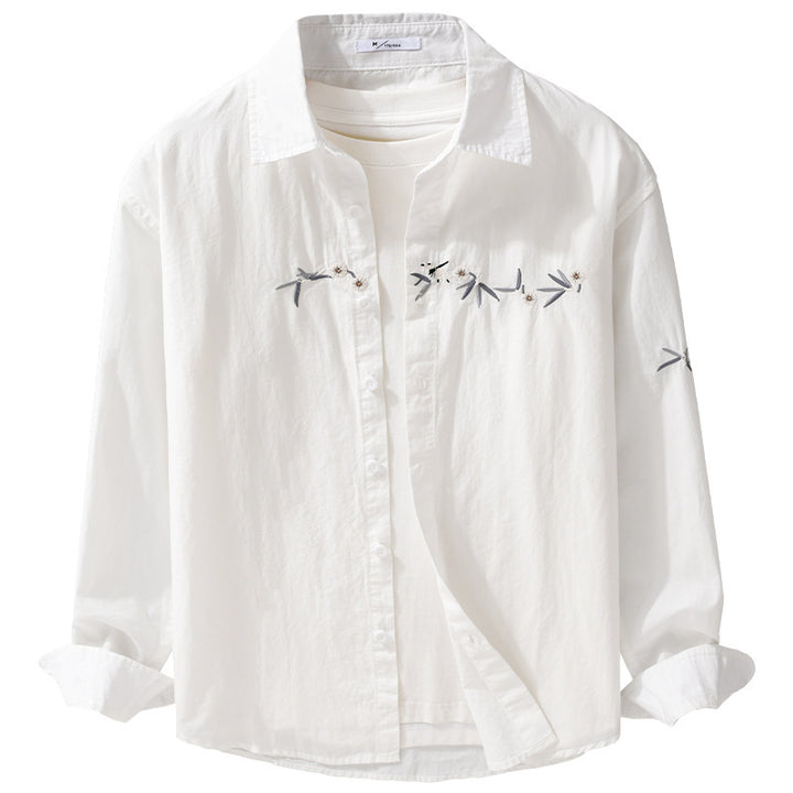 Damen Lockeres besticktes Baumwoll-Overshirt mit Kentkragen und Layering‑Detail Drune