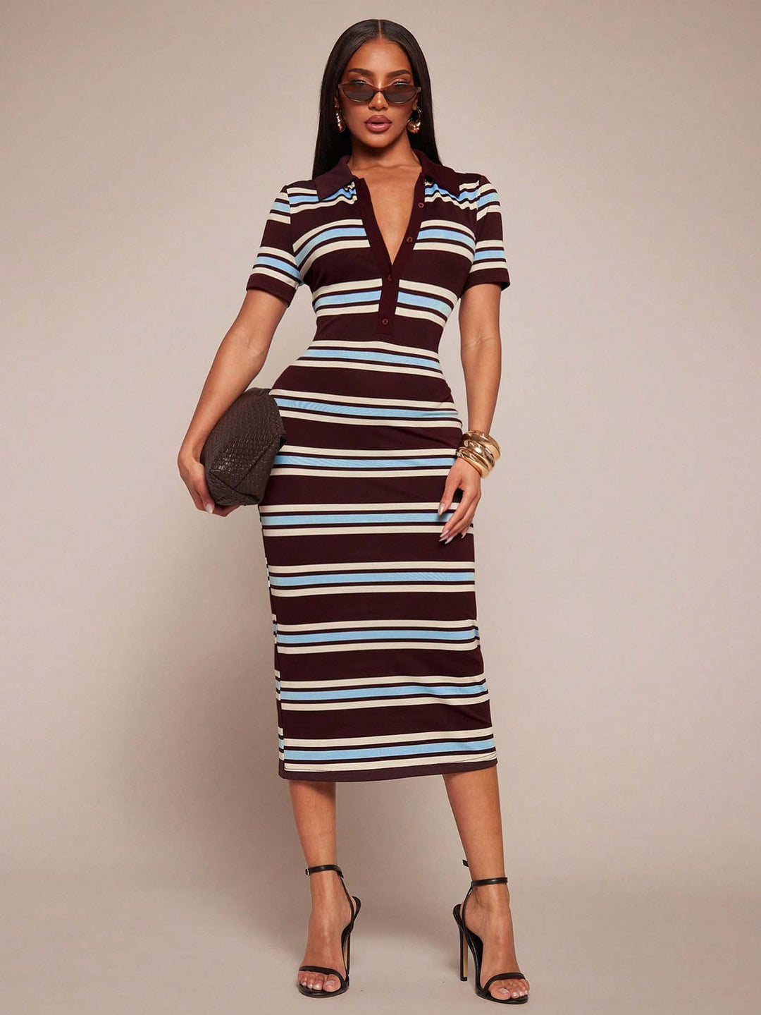 Damen Figurbetontes Polokleid im Streifen‑Look aus Rippstrick mit kurzem Ärmel Drune