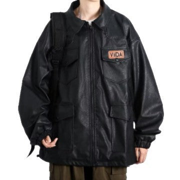 Unisex Oversized Utility Lederimitat Jacke mit Mehreren Klappentaschen Drune