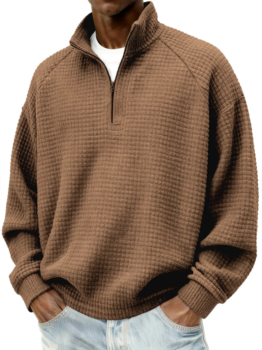 Herren Waffelstrick-Oversize-Pullover mit Halbreißverschluss und Stehkragen Drune