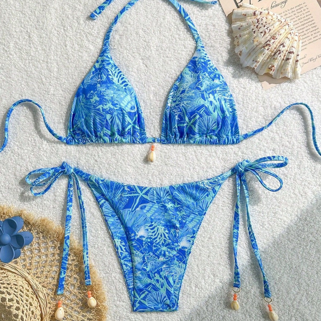Damen Triangel-Bikini mit tropischem Muster und verspielten Bindebändern Drune