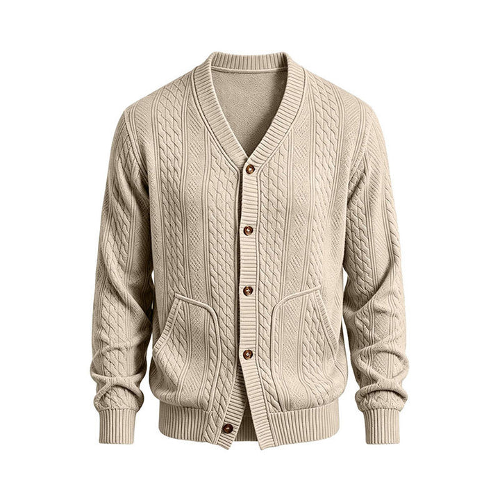 Herren Gestrickte Strickjacke mit Zopfmuster, V‑Ausschnitt und aufgesetzten Taschen Drune