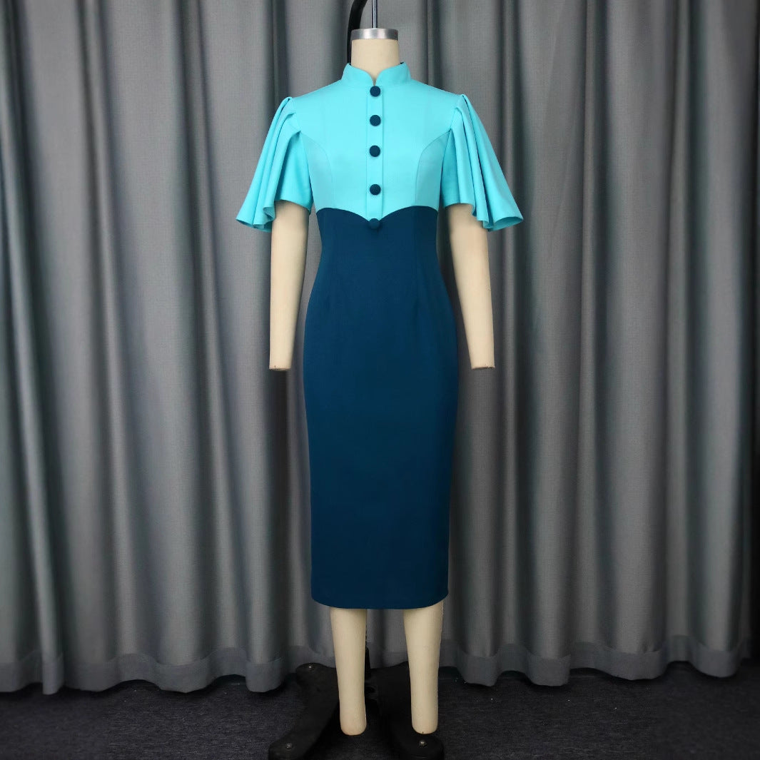 Damen figurbetontes Kleid mit eleganter Stehkragen und kunstvollen Puffärmeln Drune