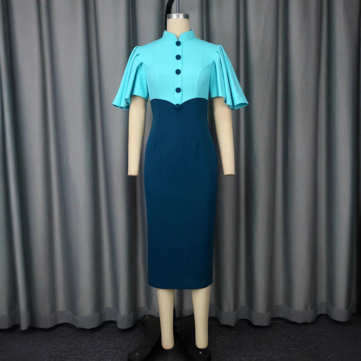 Damen figurbetontes Kleid mit eleganter Stehkragen und kunstvollen Puffärmeln Drune