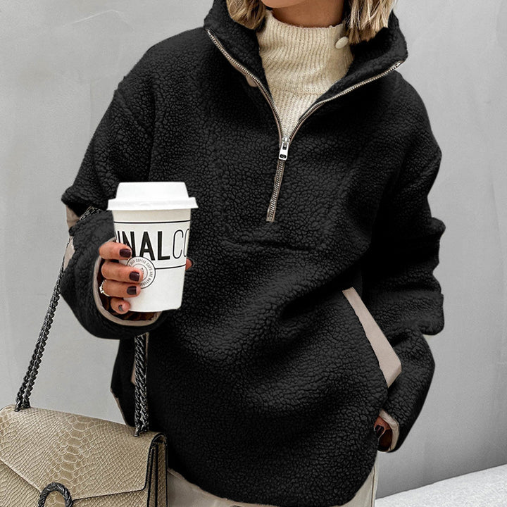 Damen Oversized Sherpa-Fleece Pullover mit halbem Reißverschluss und Kängurutasche Drune