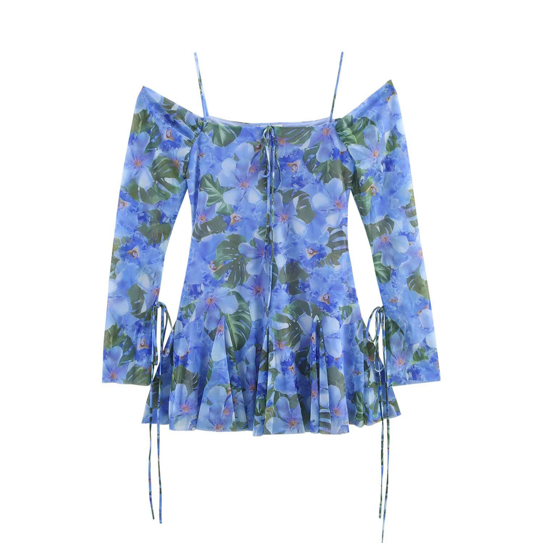 Damen Carmen-Minikleid mit Spaghettiträgern, langen Ärmeln und plissee‑Rock Drune