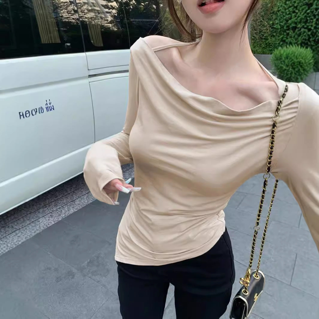 Damen schulterfreies Cowl-Longsleeve mit feinen Spaghettiträgern und sculptender Taillenpassform Drune