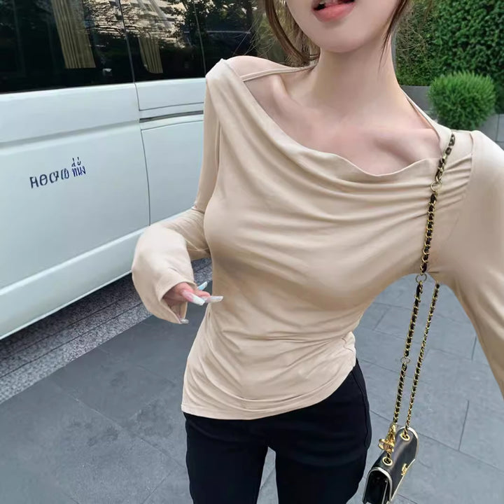 Damen schulterfreies Cowl-Longsleeve mit feinen Spaghettiträgern und sculptender Taillenpassform Drune