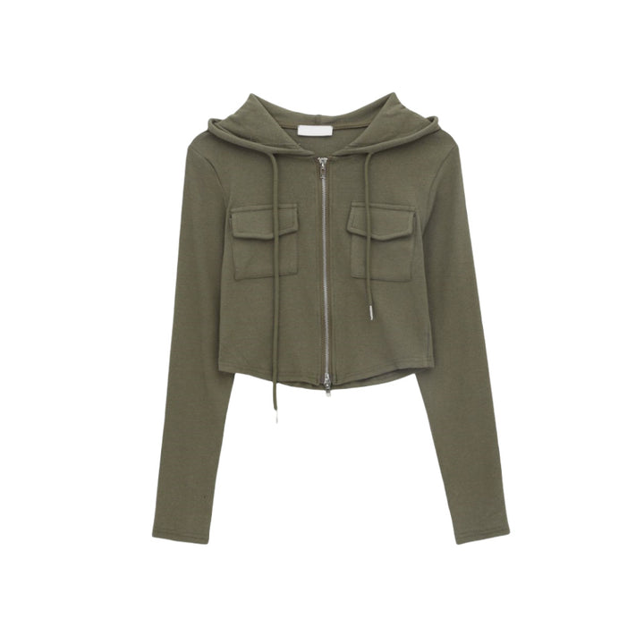 Damen cropped Freizeitjacke mit Reißverschluss und Kapuze Drune