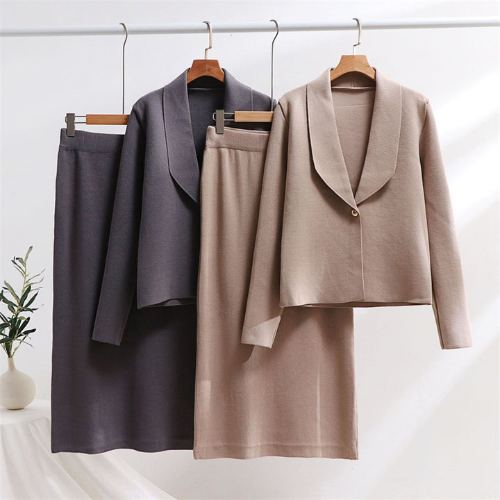Damen elegantes Strickensemble mit Blazer und Midi-Rock Drune