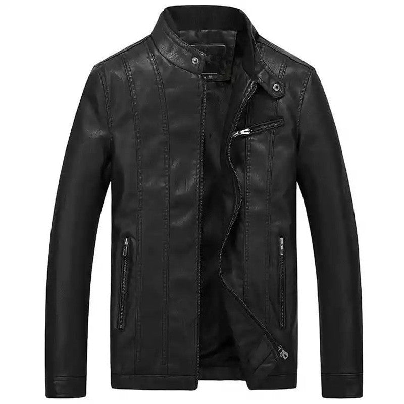 Herren Slim-Fit Kunstlederjacke im Bikerstil mit Stehkragen und vertikalen Ziernähten Drune