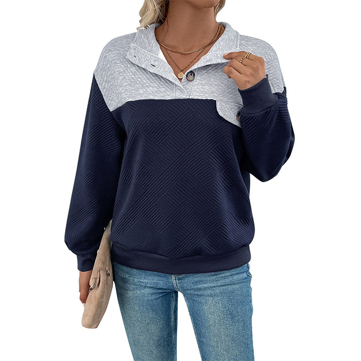 Damen Strukturierter Stehkragen-Sweatshirtpullover mit Knopfleiste Drune
