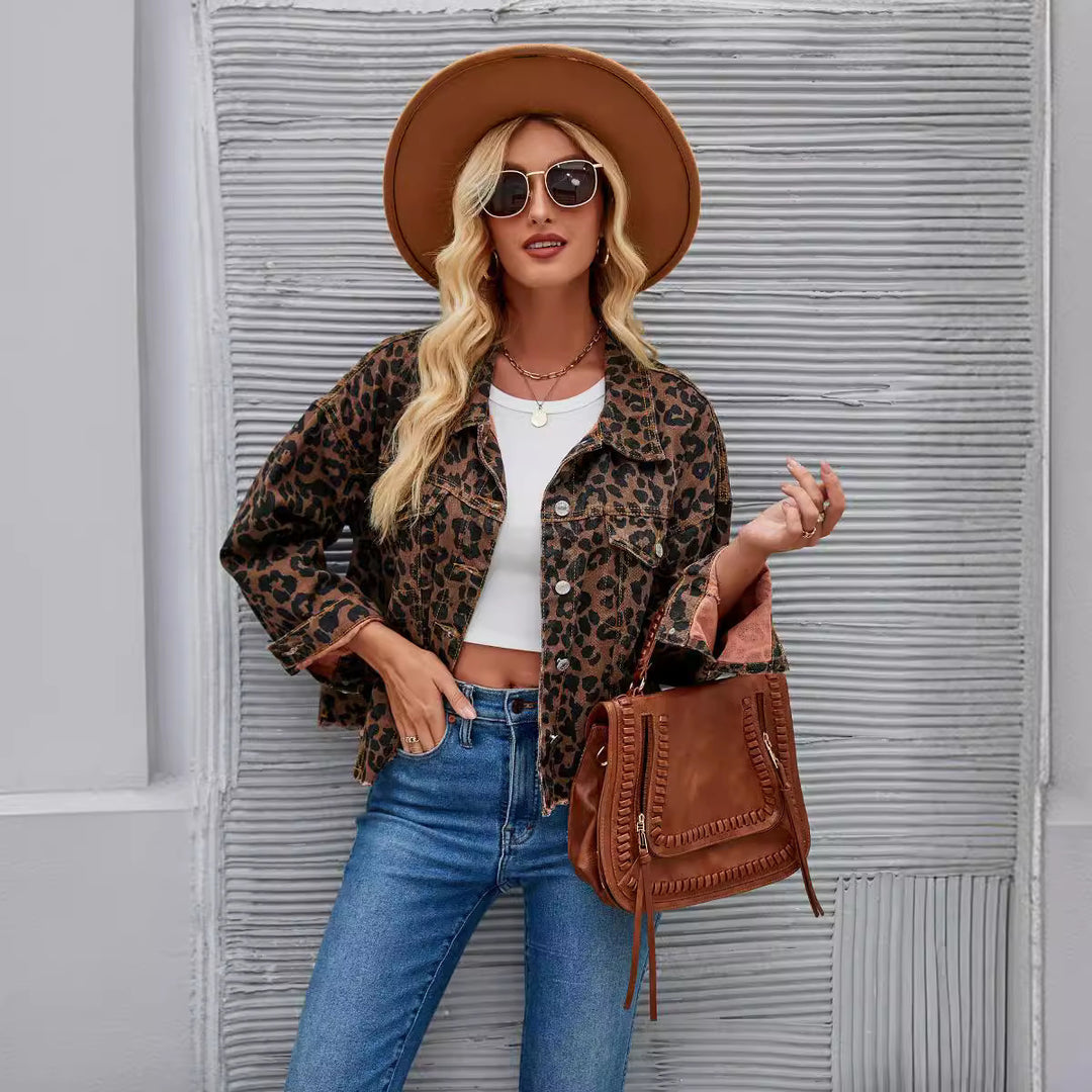 Damen Karierte Denimjacke im angesagten Leopardenmuster mit modernem Schnitt Drune