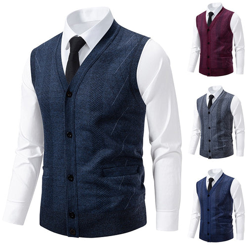 Herren Taillierte Feinstrick‑Weste mit V‑Ausschnitt, Knopfleiste und Eingrifftaschen Drune