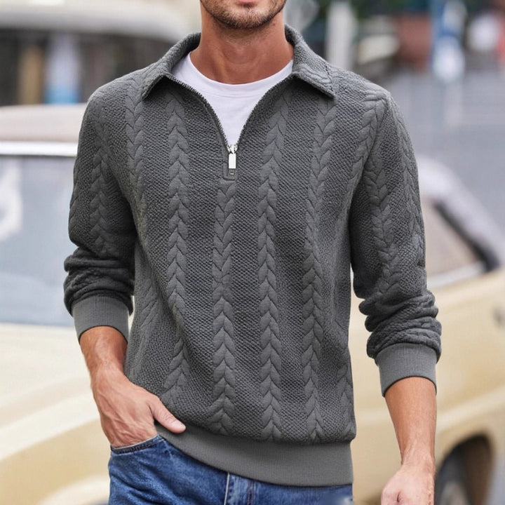 Herren Feinstrukturierter Zopfstrickpullover mit Kurzreißverschluss und Kentkragen Drune