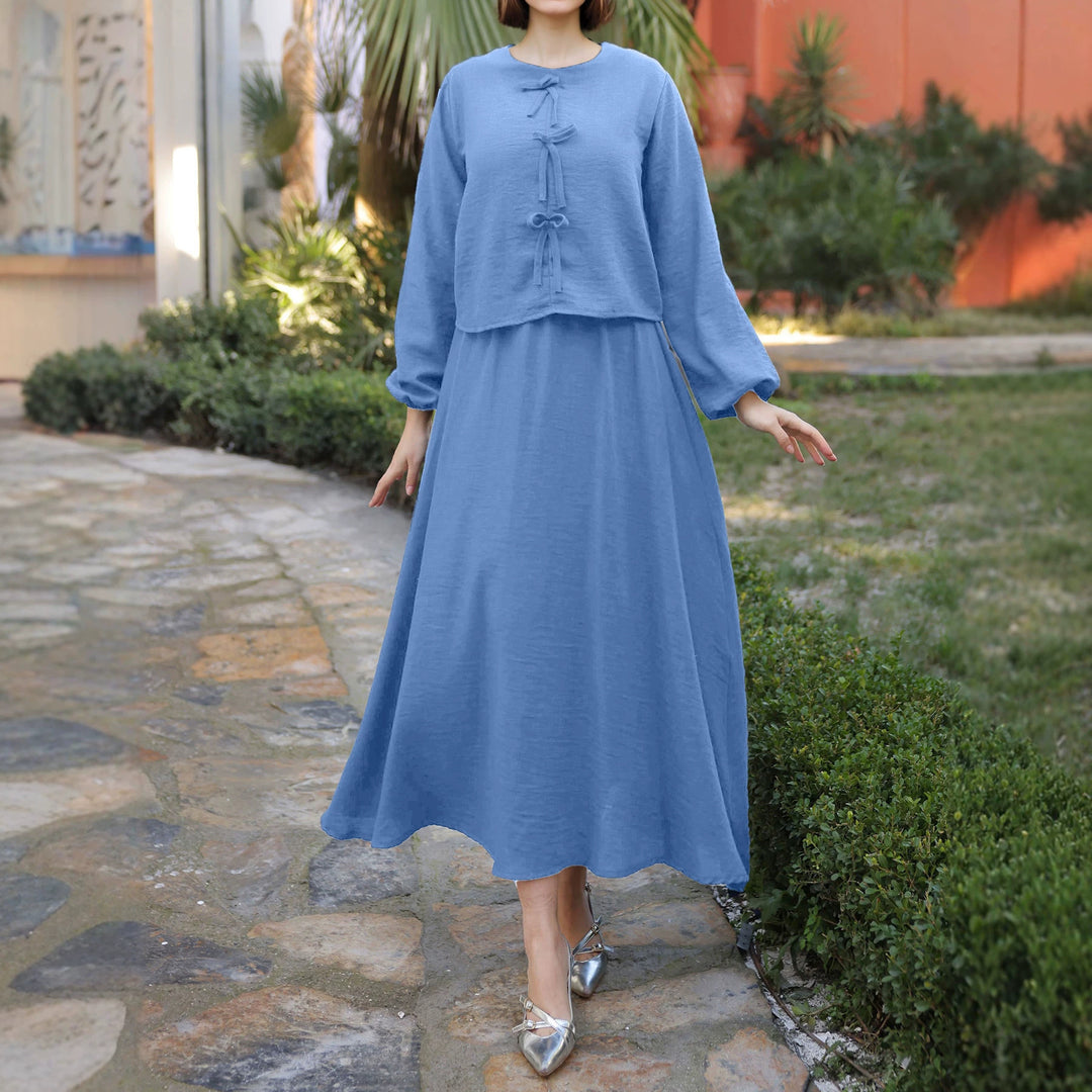 Damen Langes Zweiteiliges Maxikleid mit Überwurf, Rundhals und Zierknoten Drune