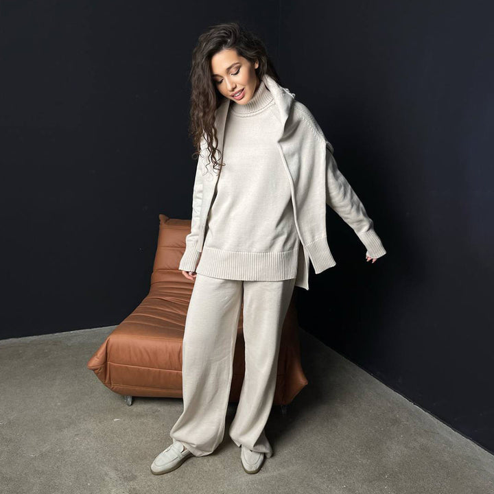 Damen Strick-Loungewear-Set mit hohem Kragen und weitem Schnitt Drune