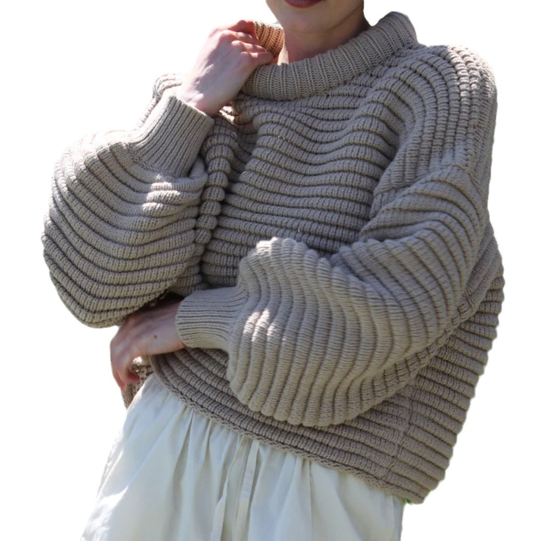 Damen lockerer Strickpullover mit hohem Kragen und breiten Rippbündchen Drune