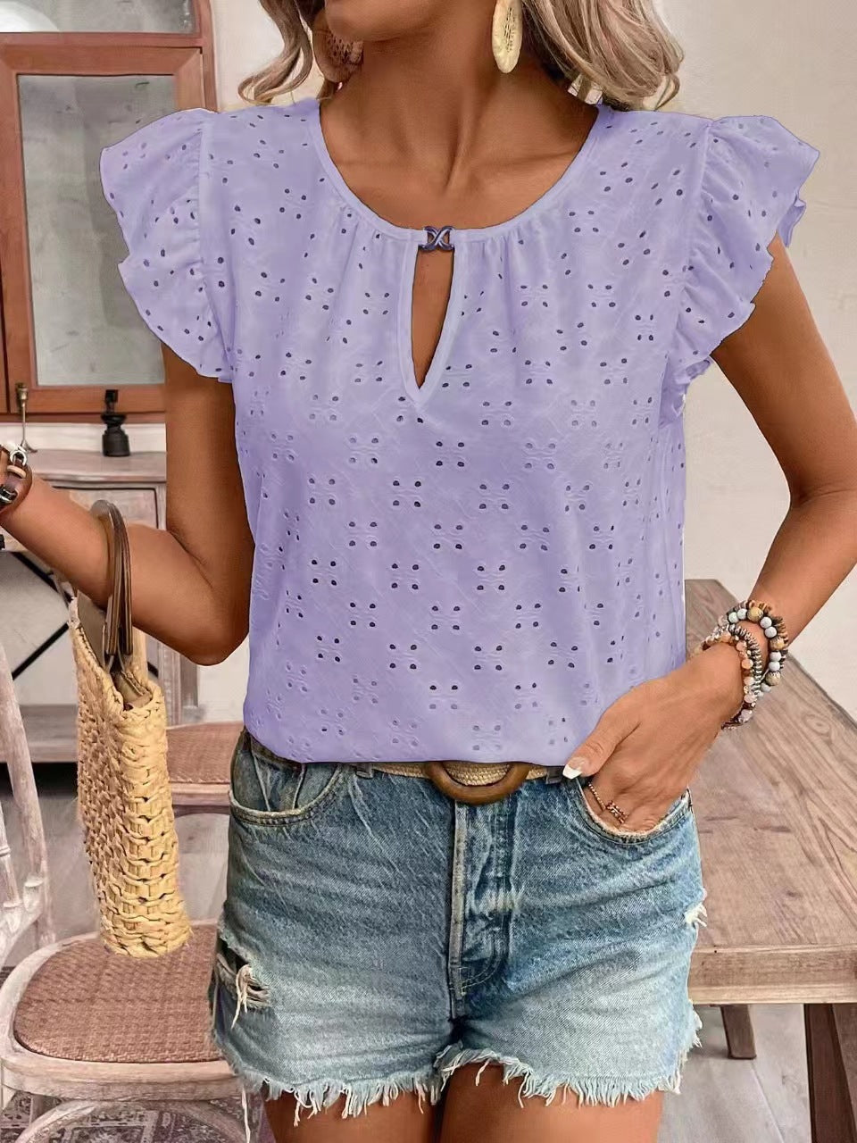 Damen Bluse mit Rüschendetails und Lochstickerei Drune