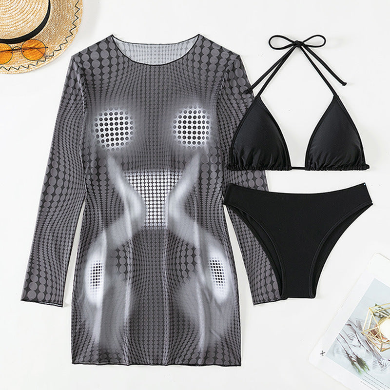 Damen Bikiniset mit transparentem Cover-Up und modischem Muster Drune