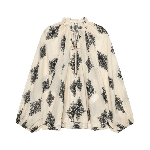 Damen Boho-Bluse aus leichtem Baumwollvoile mit gerafftem Stehkragen, Bindeband und voluminösen Ballonärmeln Drune