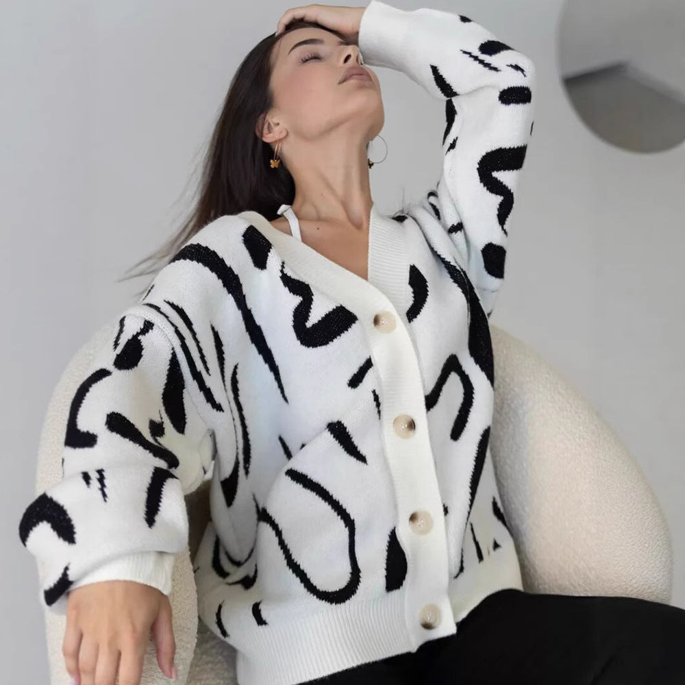 Damen weicher Strickcardigan mit modernem grafischen Muster Drune