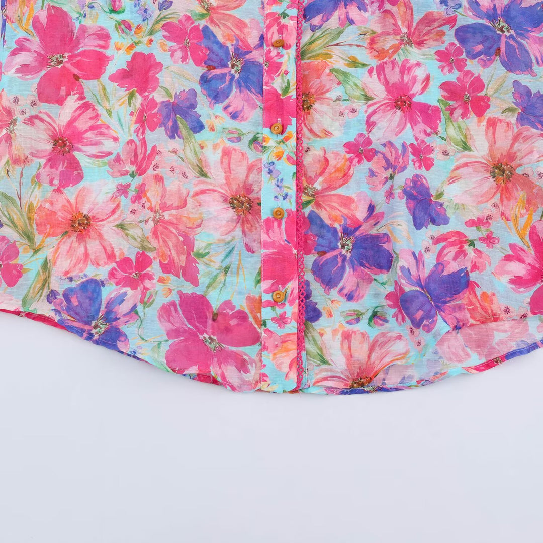 Damen Leichte Bluse im Aquarell-Floralmuster mit Stehkragen und dreiviertelärmeln Drune