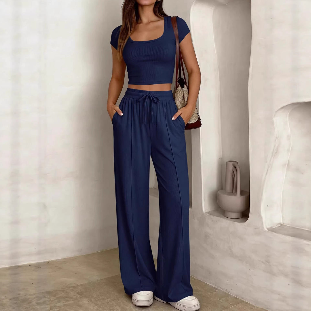 Damen lässiges Cropped-Top und weite Hose Set Drune
