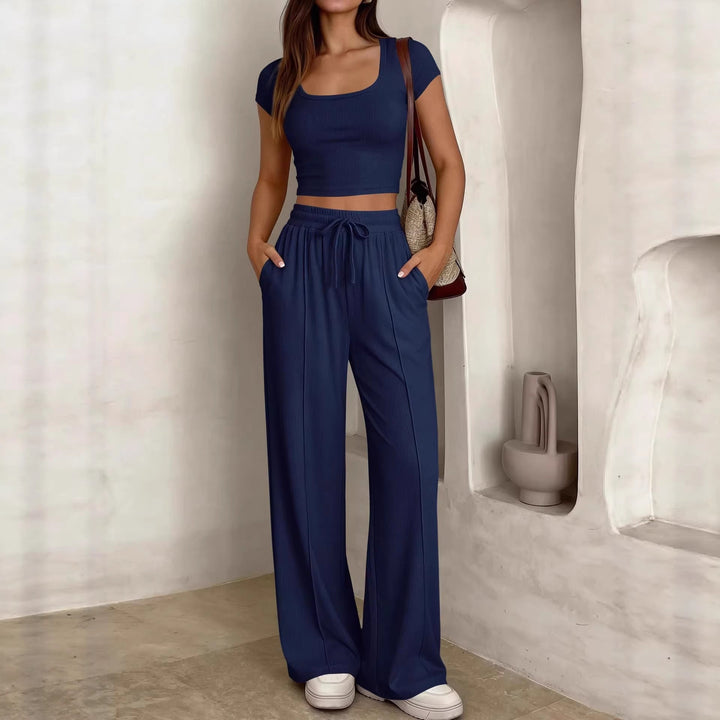 Damen lässiges Cropped-Top und weite Hose Set Drune