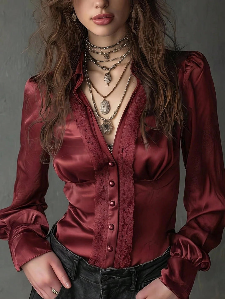 Damen Taillierte Satinbluse mit Spitzenpasse, Knopfleiste und Puffärmeln Drune