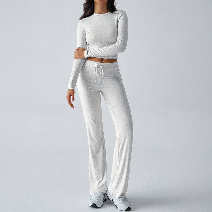Damen nan tailliertes Longsleeve-Crop-Top und weite Lounge-Hose im Zweiteiler-Set aus Stretchjersey Drune