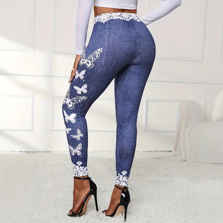 Damen Leggings mit floralem Spitzensaum und buntem Schmetterlingsdruck Drune