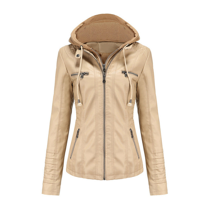 Damen Taillierte Kunstlederjacke mit abnehmbarer Kapuze und Reißverschluss Drune