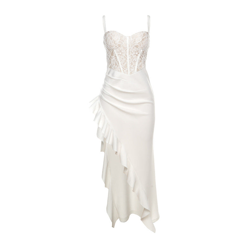 Damen Brautkleid mit Spitzenoberteil und asymmetrischen Rüschen Drune