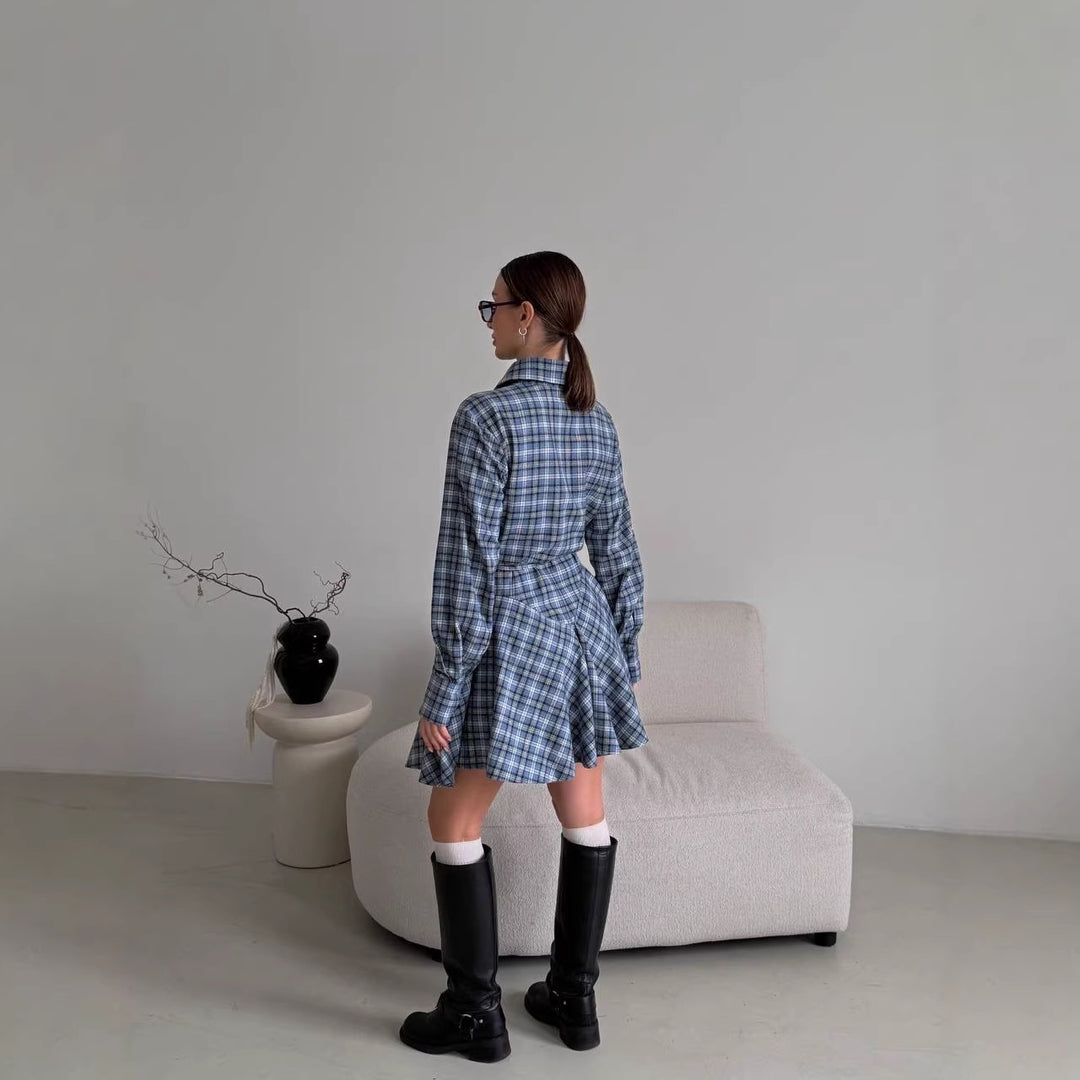 Damen Kariertes Hemdblusen-Minikleid mit ausgestellter Volant-Taille Drune