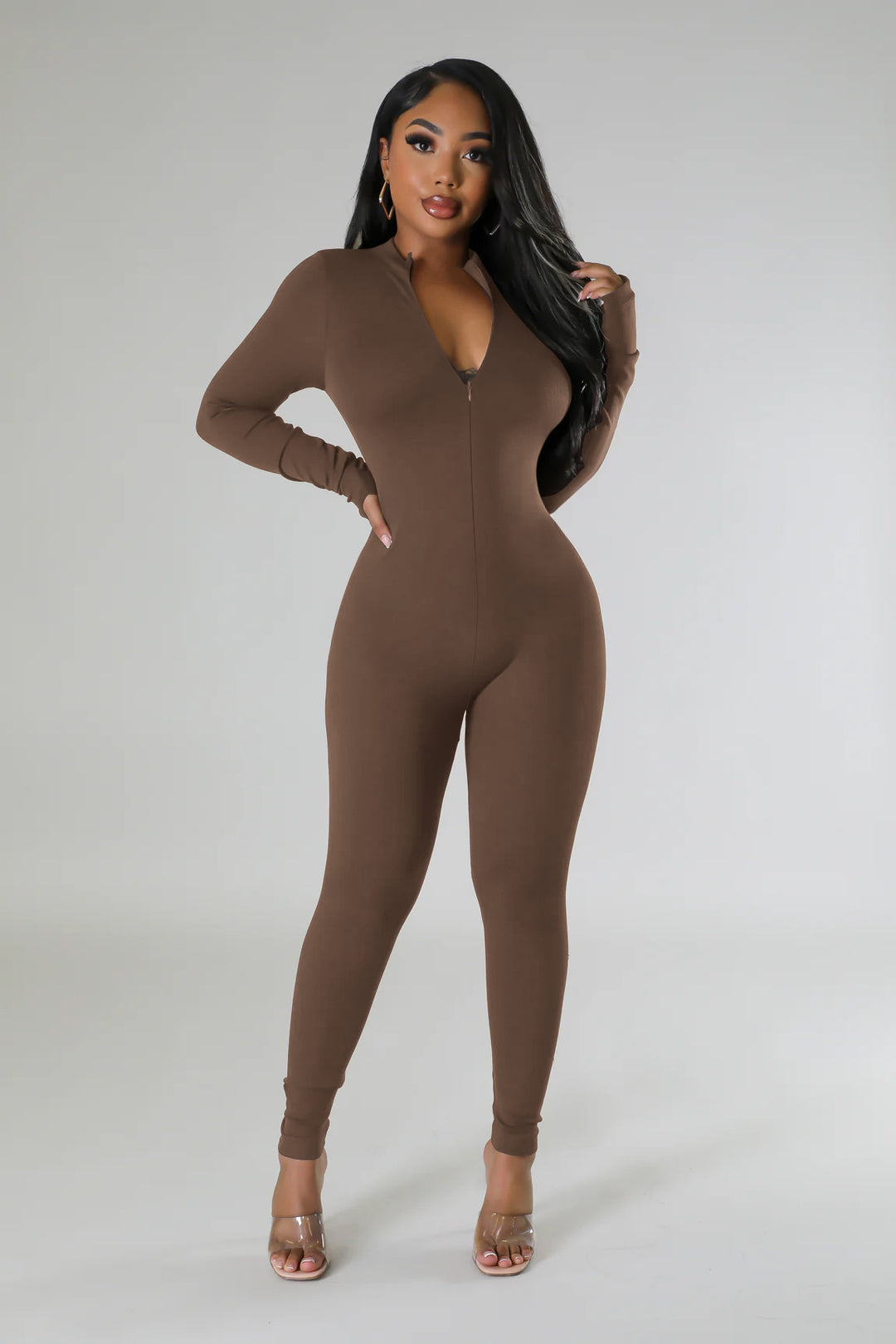 Damen figurbetontes Langarm-Jumpsuit mit durchgehendem Reißverschluss Drune