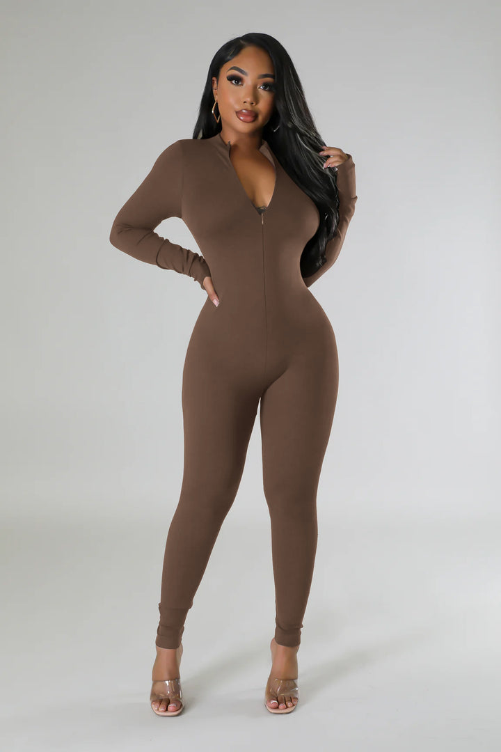 Damen figurbetontes Langarm-Jumpsuit mit durchgehendem Reißverschluss Drune