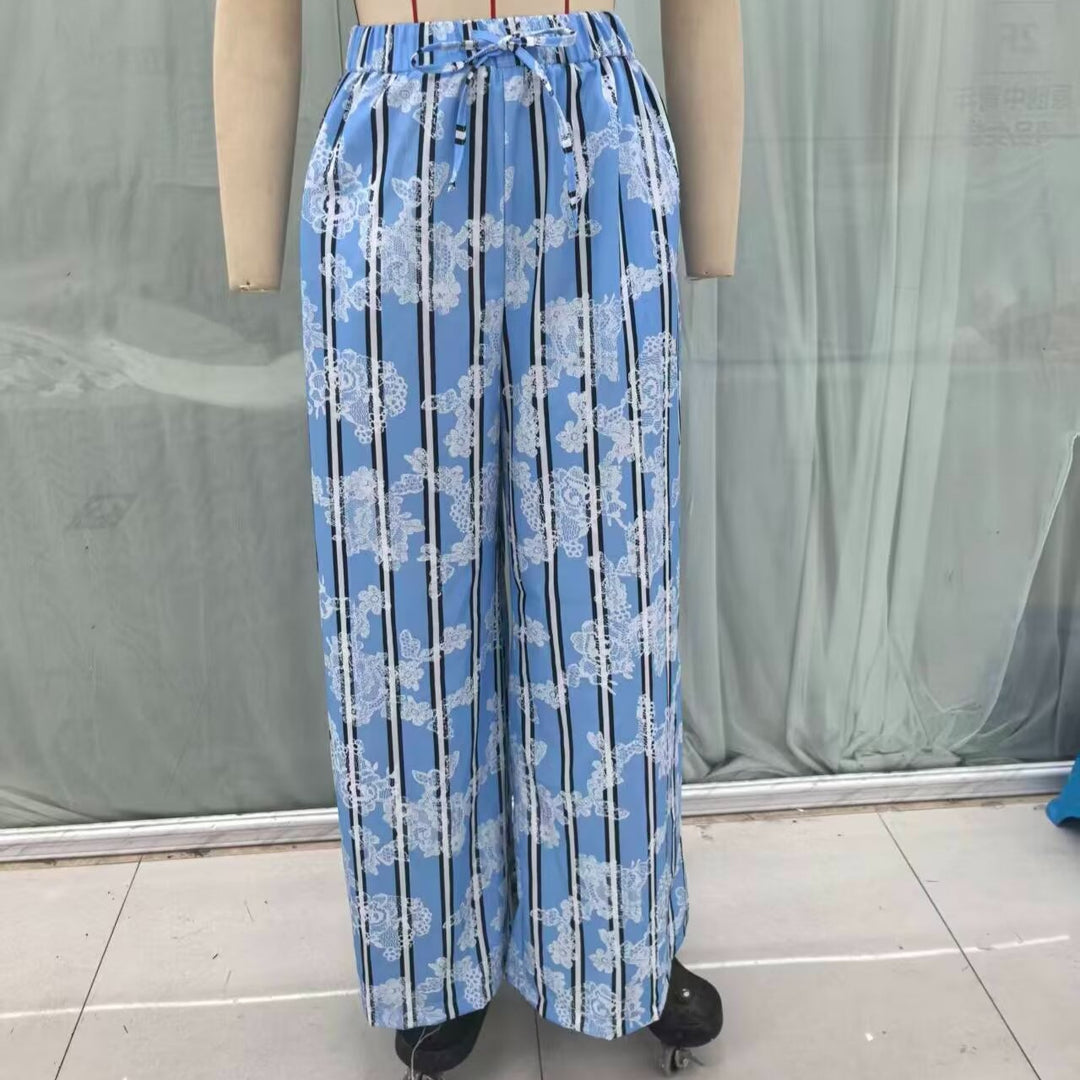 Damen weite Palazzohose mit elastischem Kordelbund und floraler Spitze‑Optik Drune