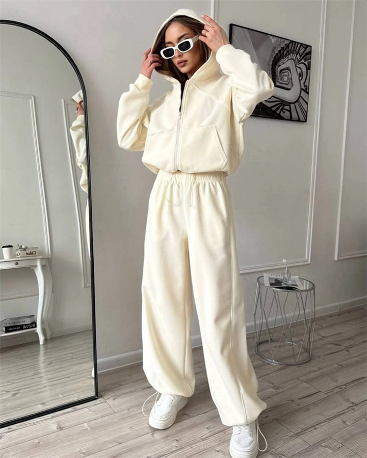 Damen kurzes Kapuzen-Sweatset mit Frontreißverschluss, kontrastierender Paspel und elastischer Highwaist-Jogger Drune