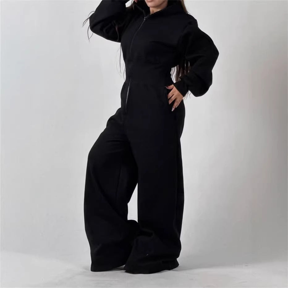 Damen Jumpsuit mit Kapuze und weitem Bein Drune