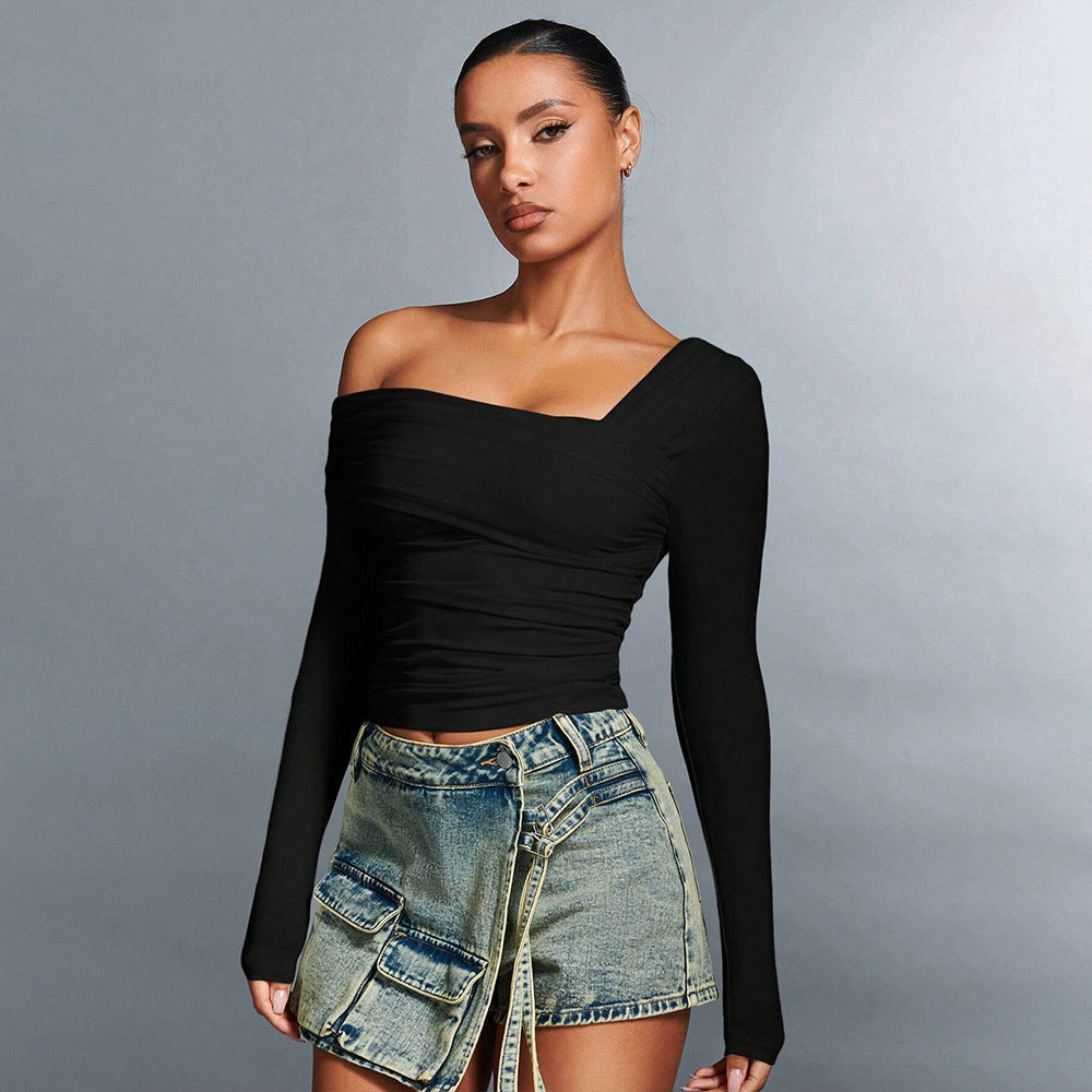 Damen elegantes asymmetrisches Langarmoberteil mit stylischem Rüschendesign Drune