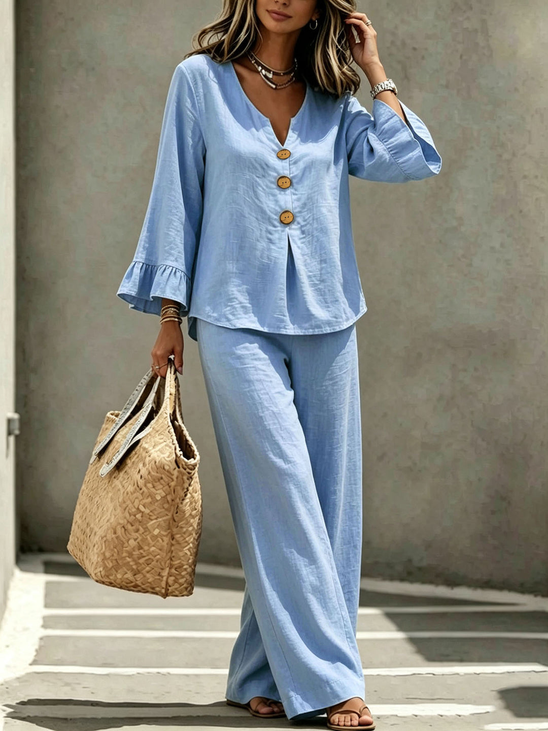 Damen Leinenoptik-Loungewear-Set mit V-Ausschnitt Holzknopfleiste und Volantärmeln Drune
