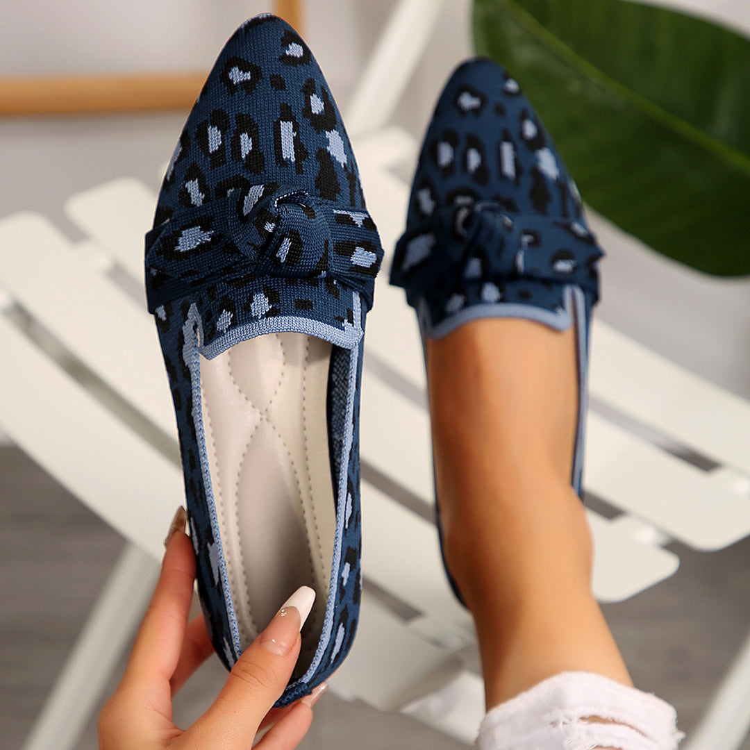 Damen  spitze Slipper aus gestricktem Animal-Print mit dekorativer Schleife und gepolstertem Komfortfußbett Drune