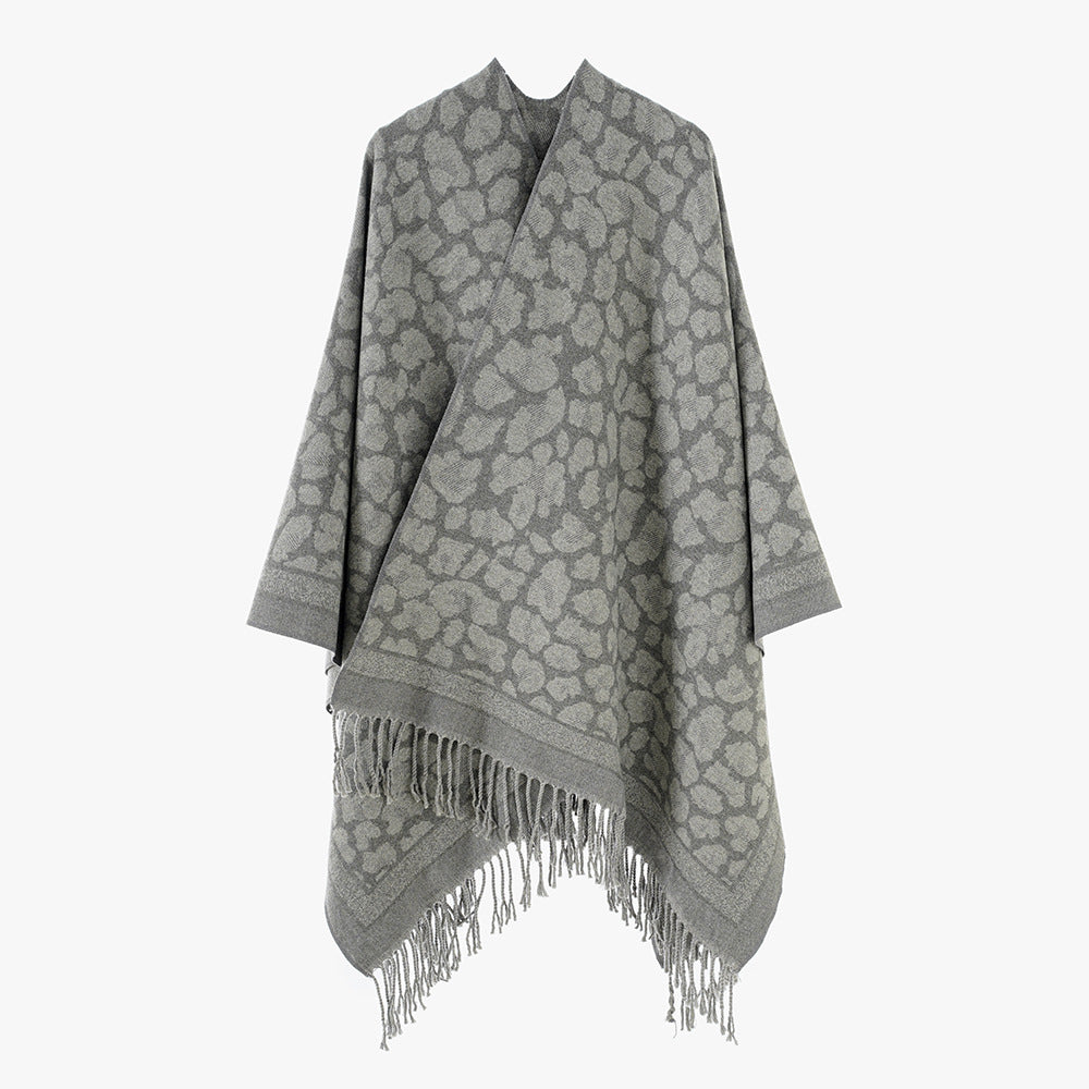 Damen Grobgewebter Überwurf im Denim‑Look mit tonigem Animal‑Jacquard und Fransensaum Drune