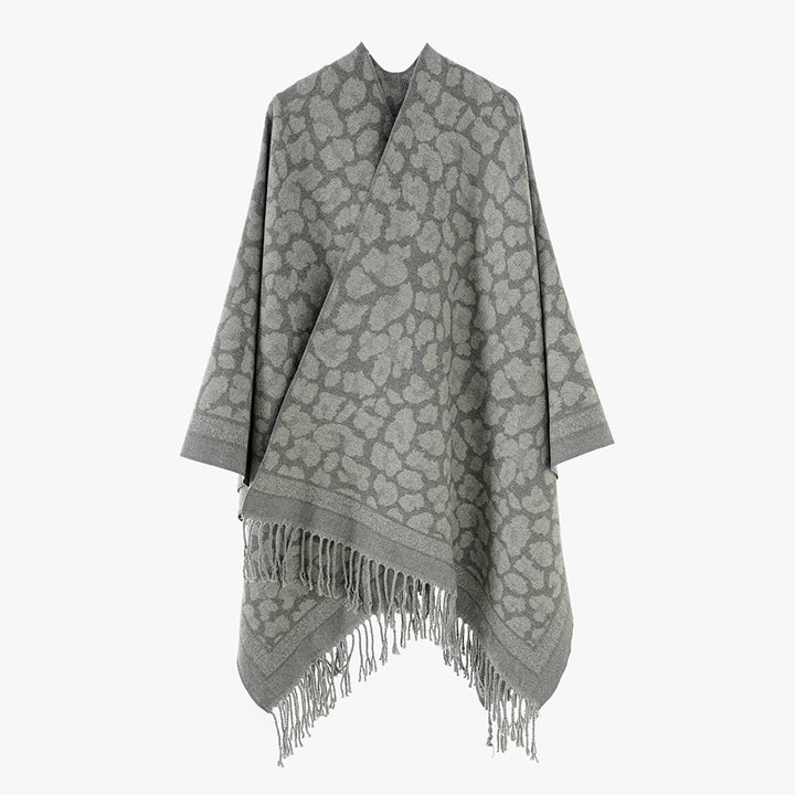 Damen Grobgewebter Überwurf im Denim‑Look mit tonigem Animal‑Jacquard und Fransensaum Drune