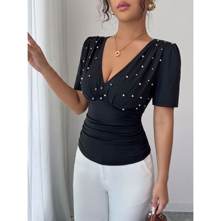 Damen elegante Bluse mit Perlen-Detail Drune
