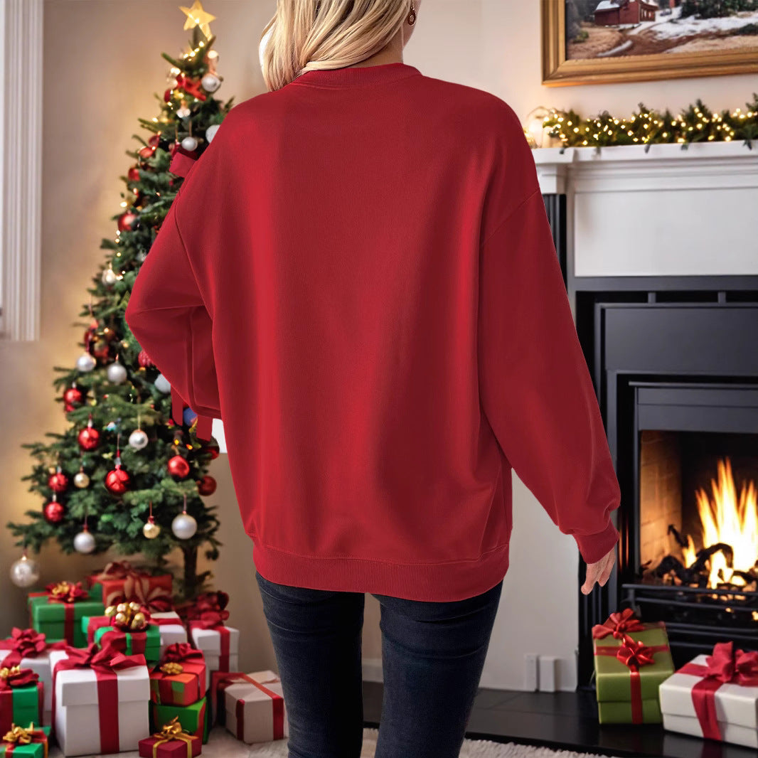 Damen Weihnachtlicher Sweatshirtpullover mit Herzapplikation und Seitenschleifen Drune